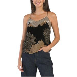 CIEBON Esme Printed Velvet Sequin Trimmed Cami Top